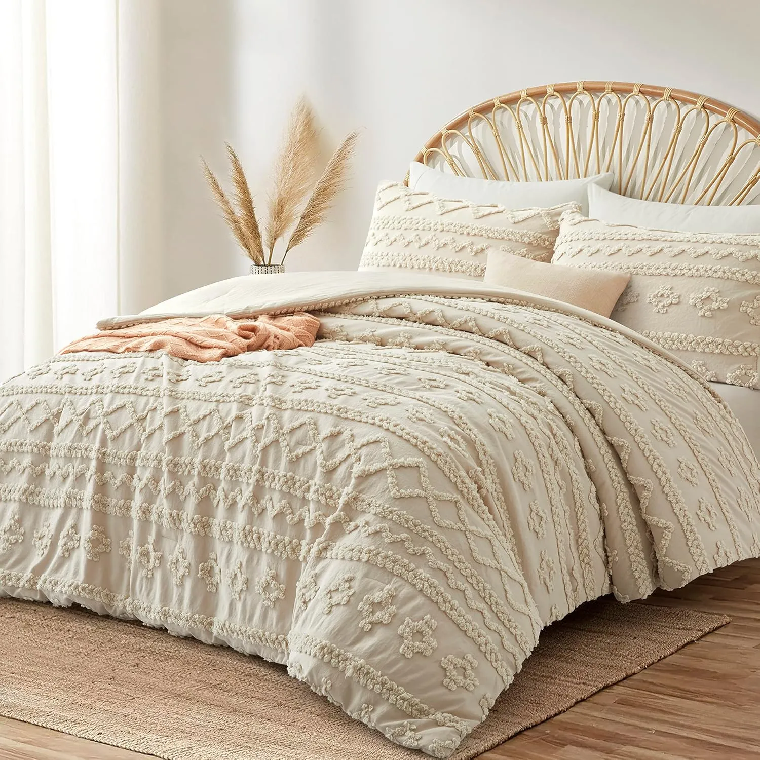 Oli Anderson Beige King Comforter Set Tufted Geometry Bedding Set King 3 Pieces, Boho Shabby Chic Comforter with 2 Pillowcases