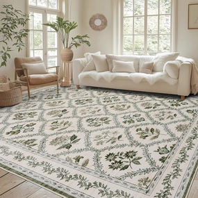 Olive Green Area Rug for Living Room 5x7 Decor Floral Area Rugs for Bedroom Dining Room Machine Washable Boho Vintage Farmhouse Floral Carpet, Hunter Green and Beige Cream