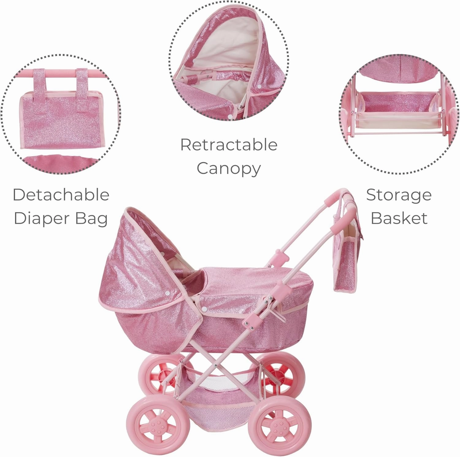 Olivia's Little World Baby Doll Bassinet Pram with Cover with Retractable Canopy & Storage, Hot Pink Glitter