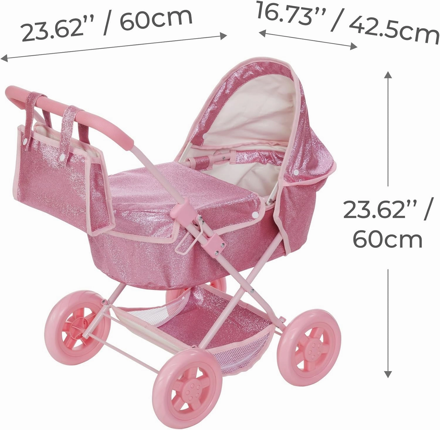 Olivia's Little World Baby Doll Bassinet Pram with Cover with Retractable Canopy & Storage, Hot Pink Glitter