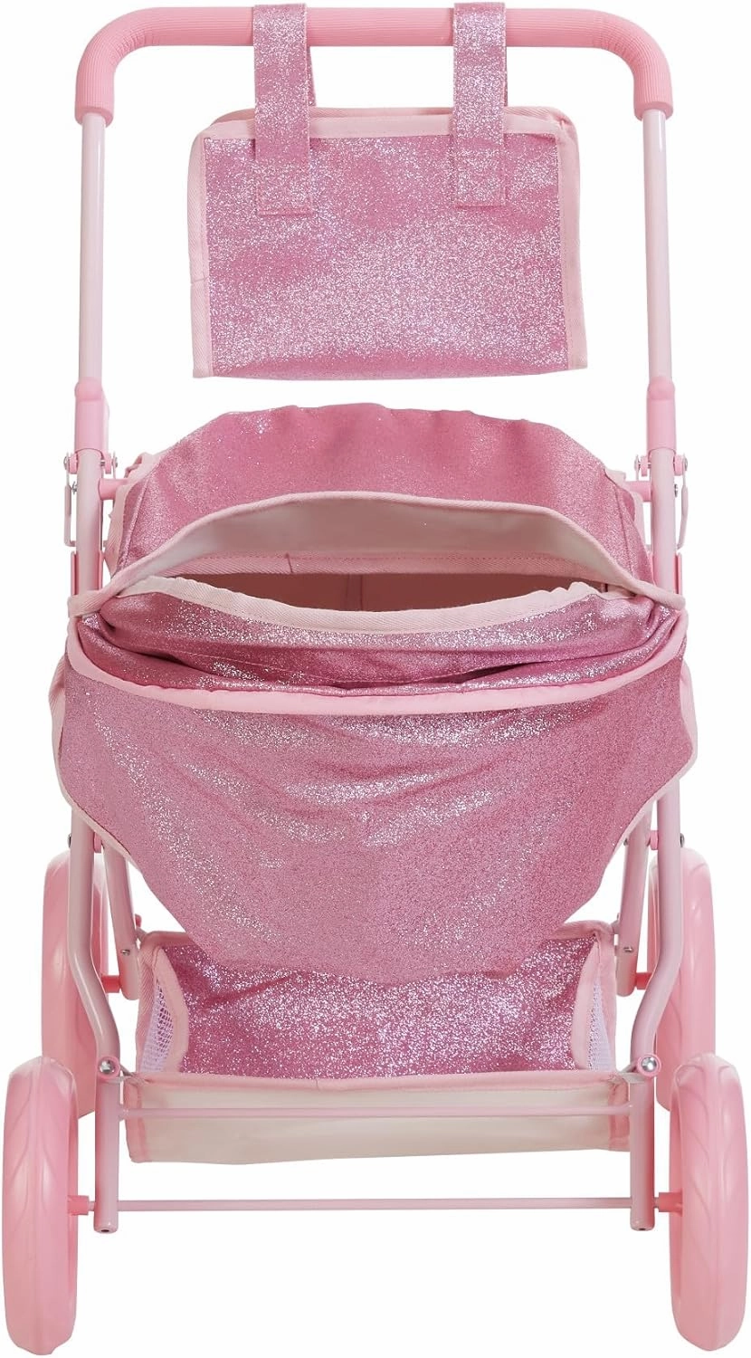 Olivia's Little World Baby Doll Bassinet Pram with Cover with Retractable Canopy & Storage, Hot Pink Glitter