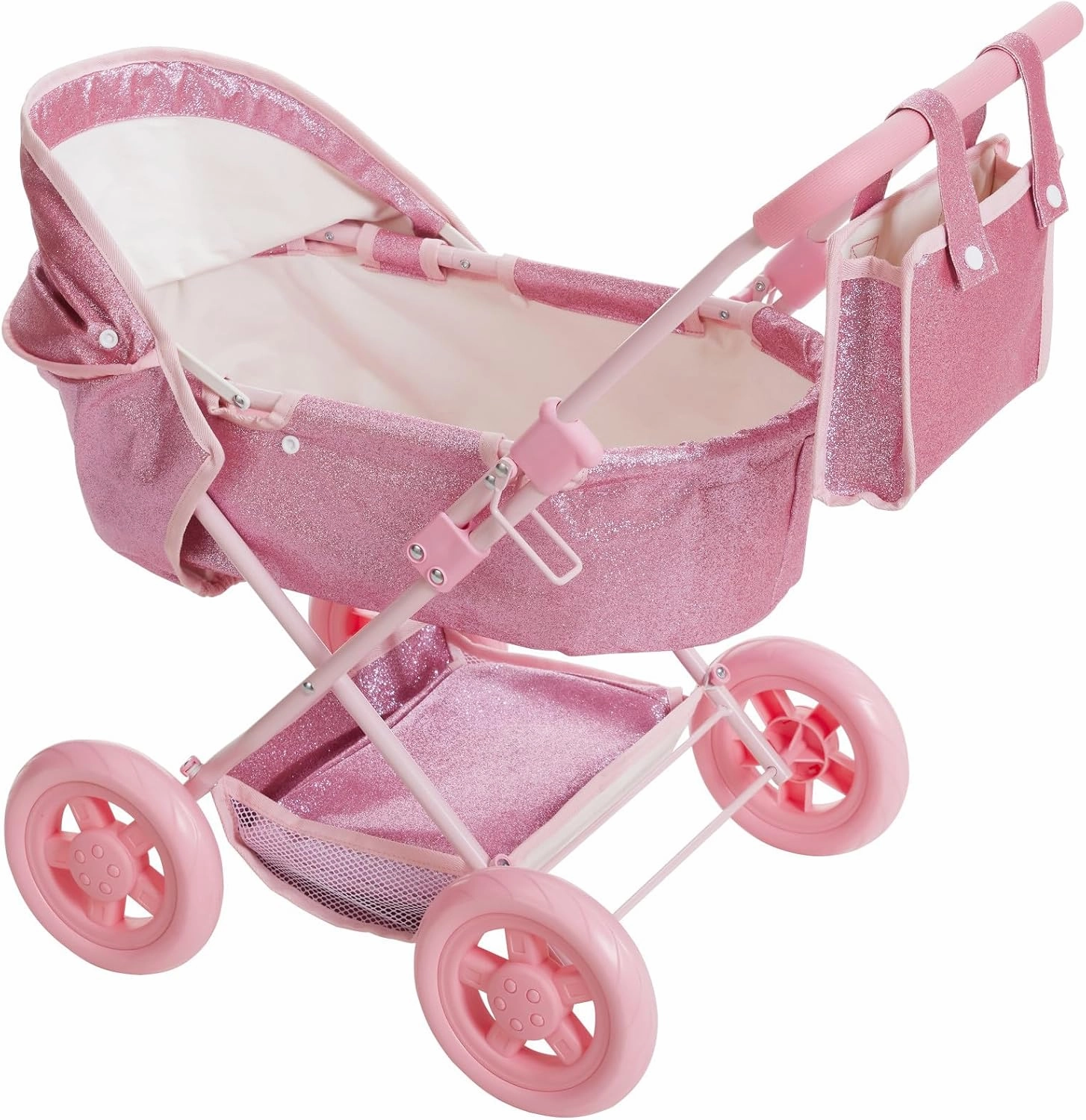 Olivia's Little World Baby Doll Bassinet Pram with Cover with Retractable Canopy & Storage, Hot Pink Glitter