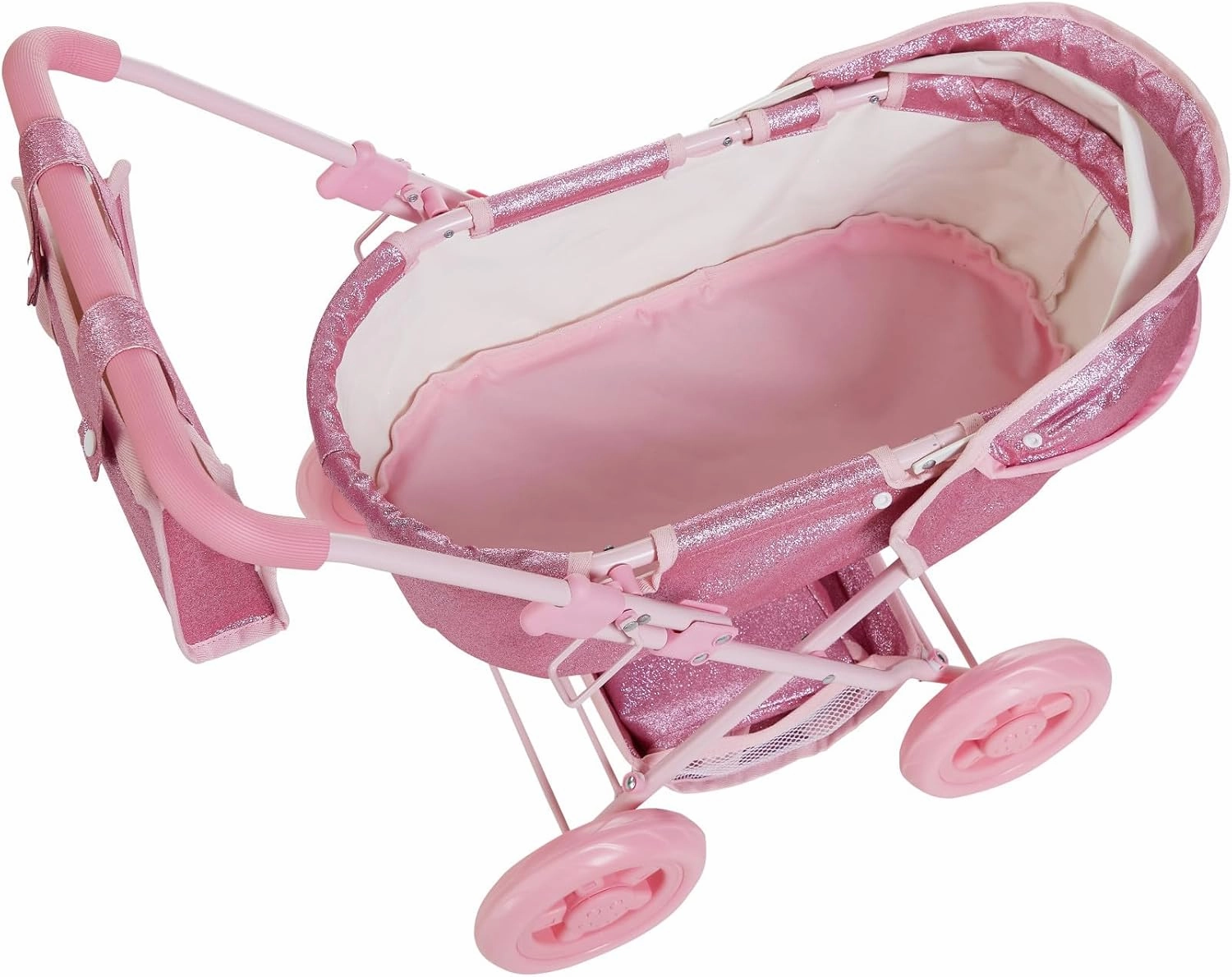 Olivia's Little World Baby Doll Bassinet Pram with Cover with Retractable Canopy & Storage, Hot Pink Glitter