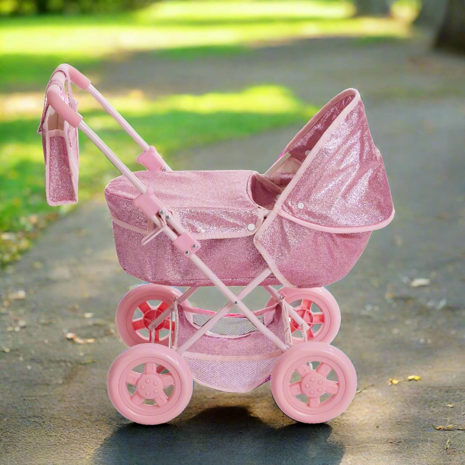 Olivia's Little World Baby Doll Bassinet Pram with Cover with Retractable Canopy & Storage, Hot Pink Glitter