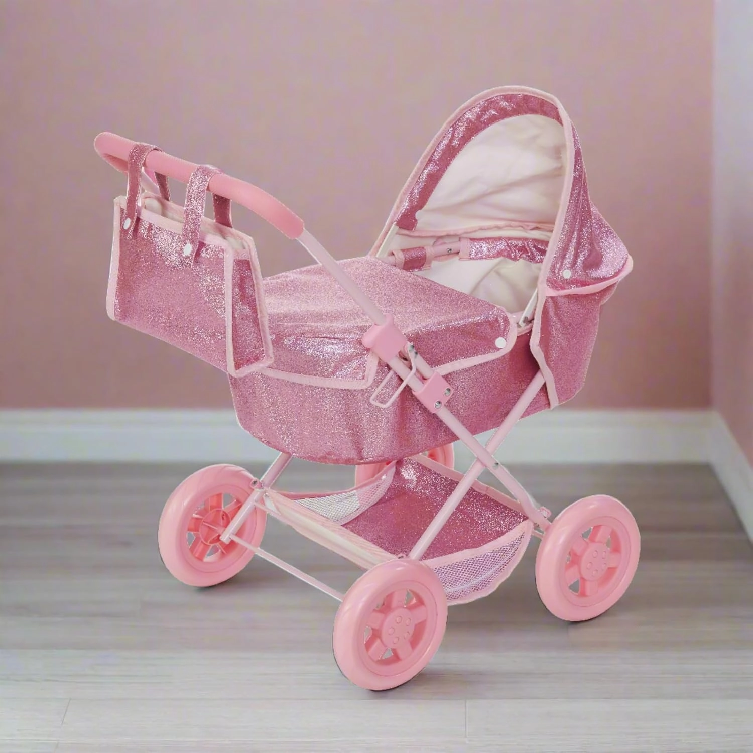 Olivia's Little World Baby Doll Bassinet Pram with Cover with Retractable Canopy & Storage, Hot Pink Glitter