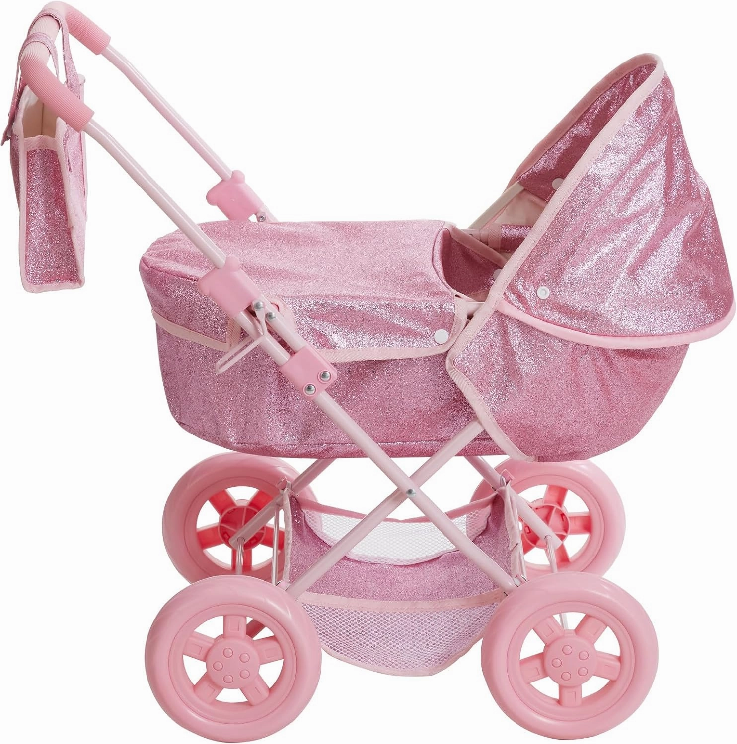 Olivia's Little World Baby Doll Bassinet Pram with Cover with Retractable Canopy & Storage, Hot Pink Glitter
