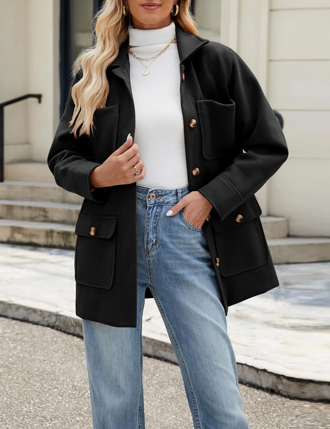 Omoone 2024 Winter Elegant Womens Pea Coat Mid Long Wool Coat Wool Blend Trench Coat with Pockets