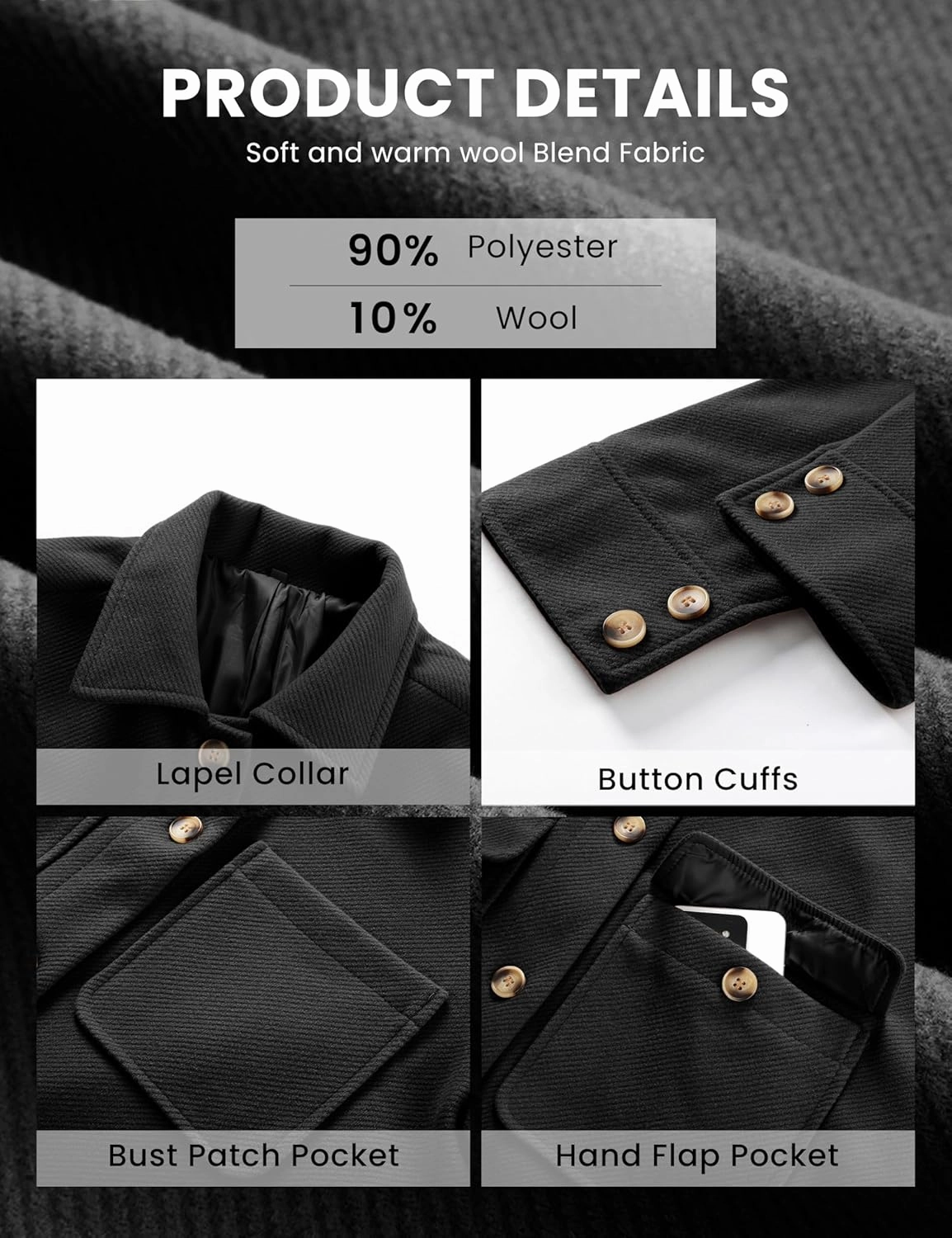 Omoone 2024 Winter Elegant Womens Pea Coat Mid Long Wool Coat Wool Blend Trench Coat with Pockets