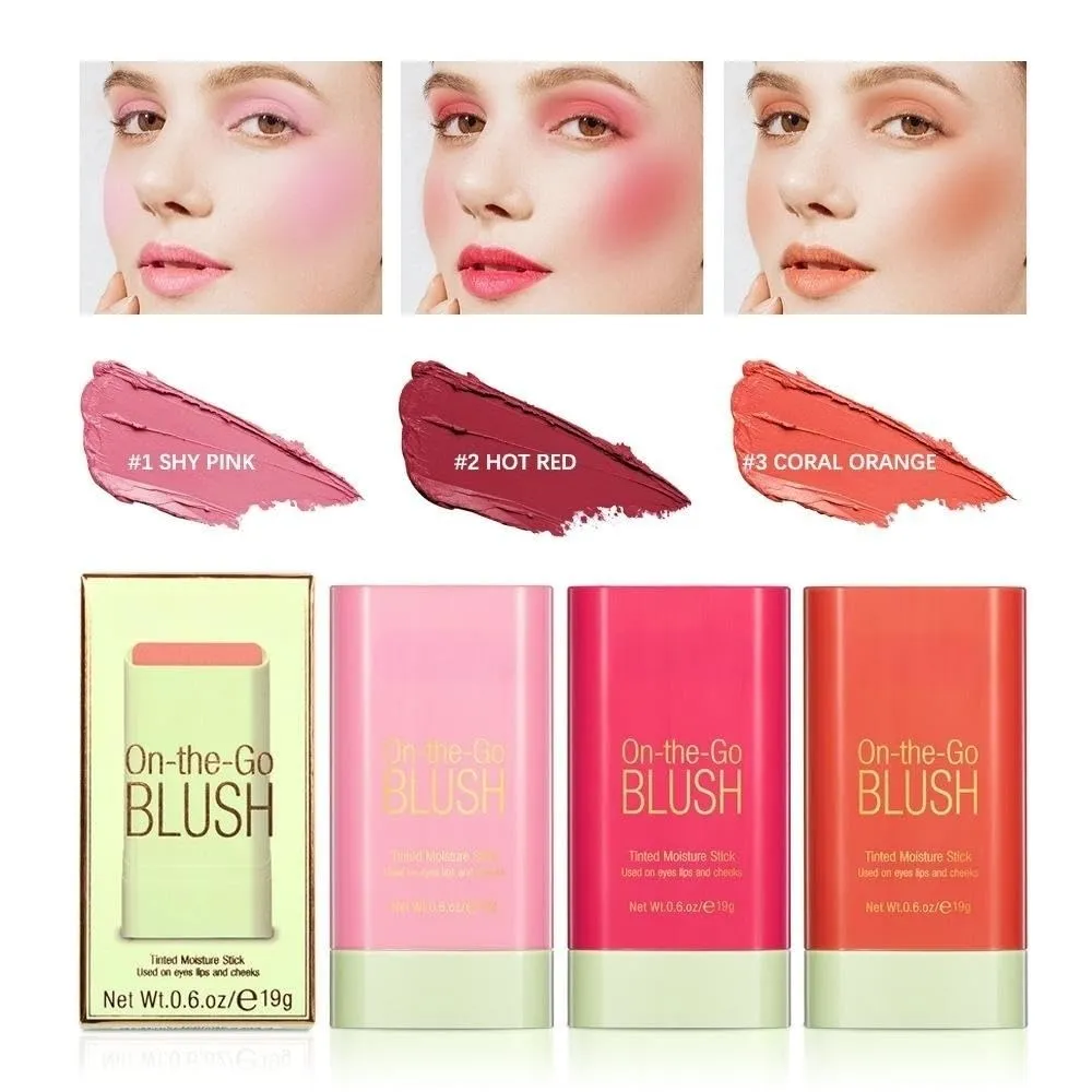 On-the-Go Makeup Blush Stick Tinted Moisture Stick, Shadow Lips Cheek Blusher Creamy Makeup Long Lasting Natural Nude Makeup for All Skin (3PC)