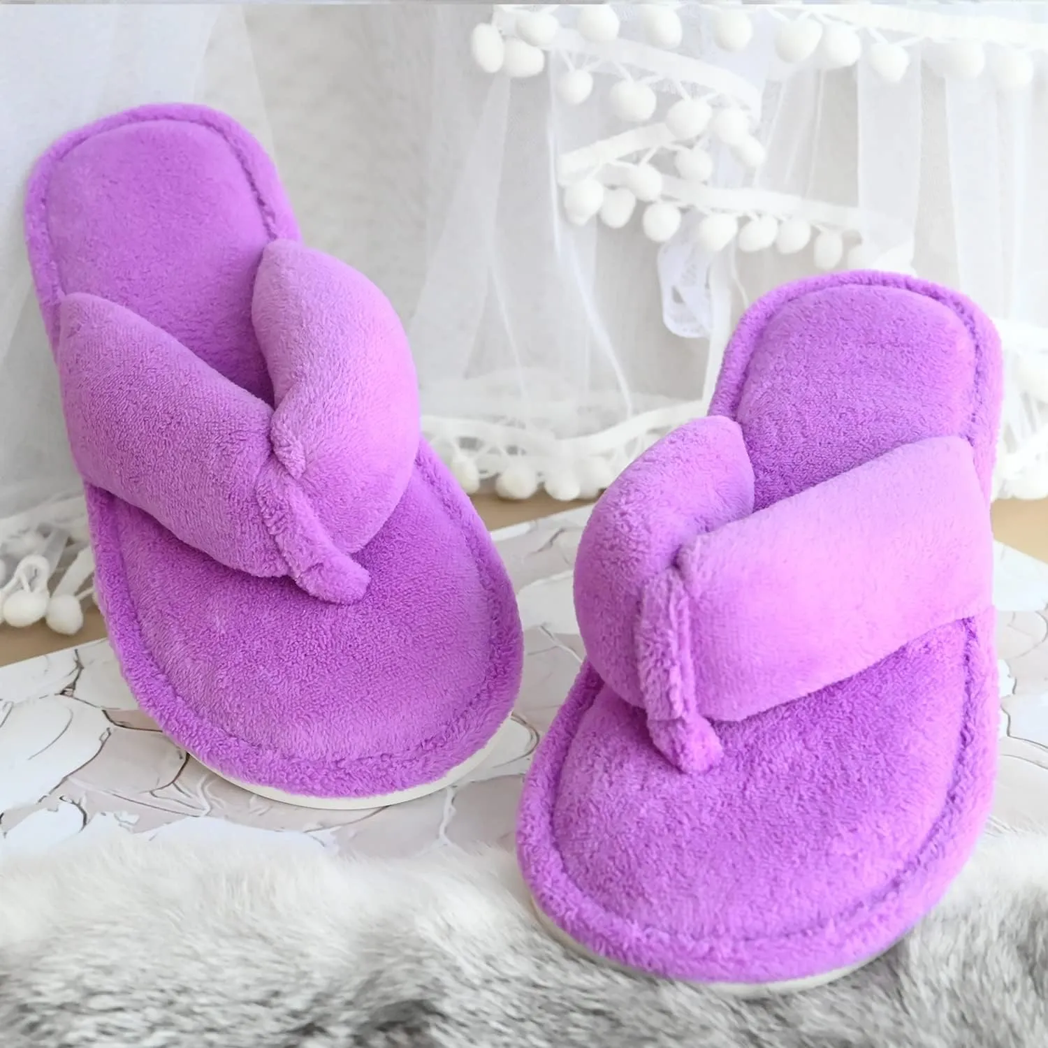 Onmygogo Indoor Slippers for Women Open Toe with Memory Foam, Soft Faux Fur Nonslip House Slippers