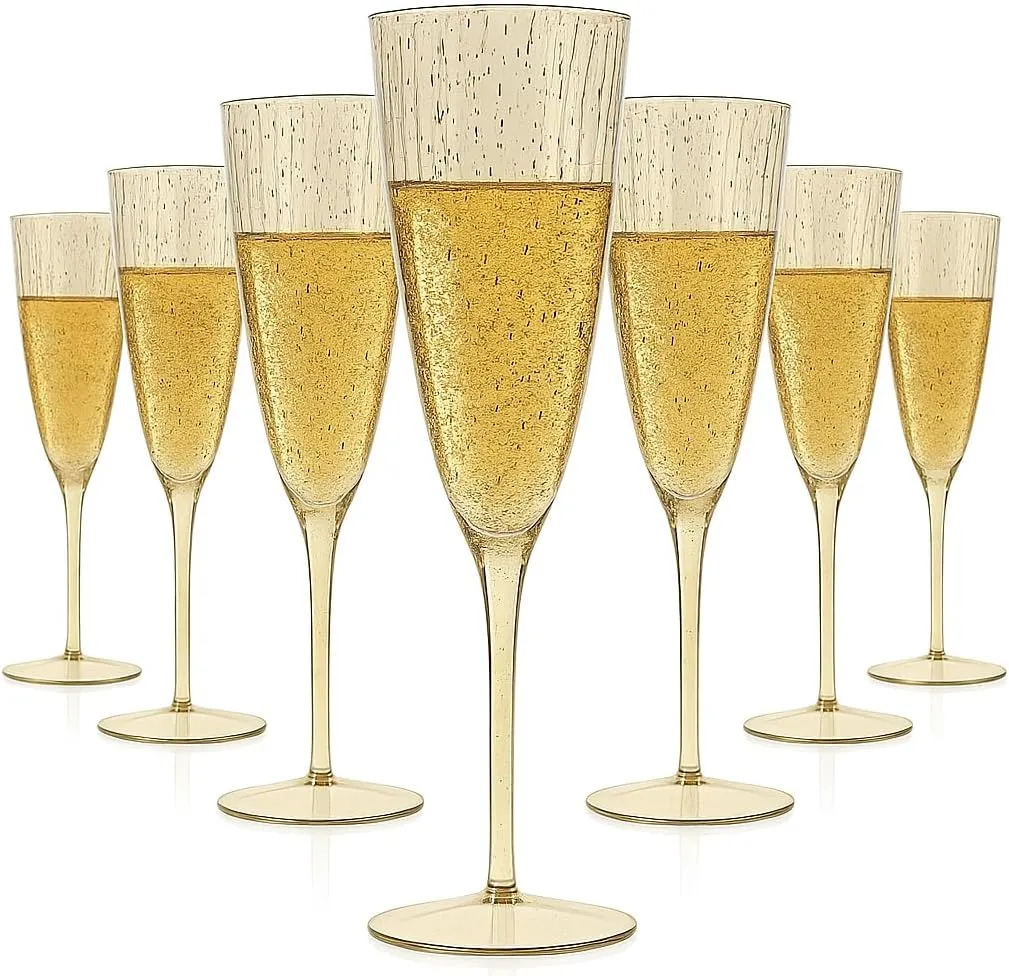 Oojami 6 Oz Gold Glitter Plastic Champagne Glasses 24 Pack Hard Disposable Plastic Champagne Flute Ideal for Home Daily Life Party Wedding Toasting Drinking Champagne Reusable Party Supplies