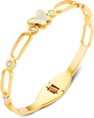 Ora & Eve Butterfly Bangle Bracelet for Women – 18K Gold Plated with White Enamel & Crystal Accents – Waterproof, Hypoallergenic, Dainty Jewelry Gift