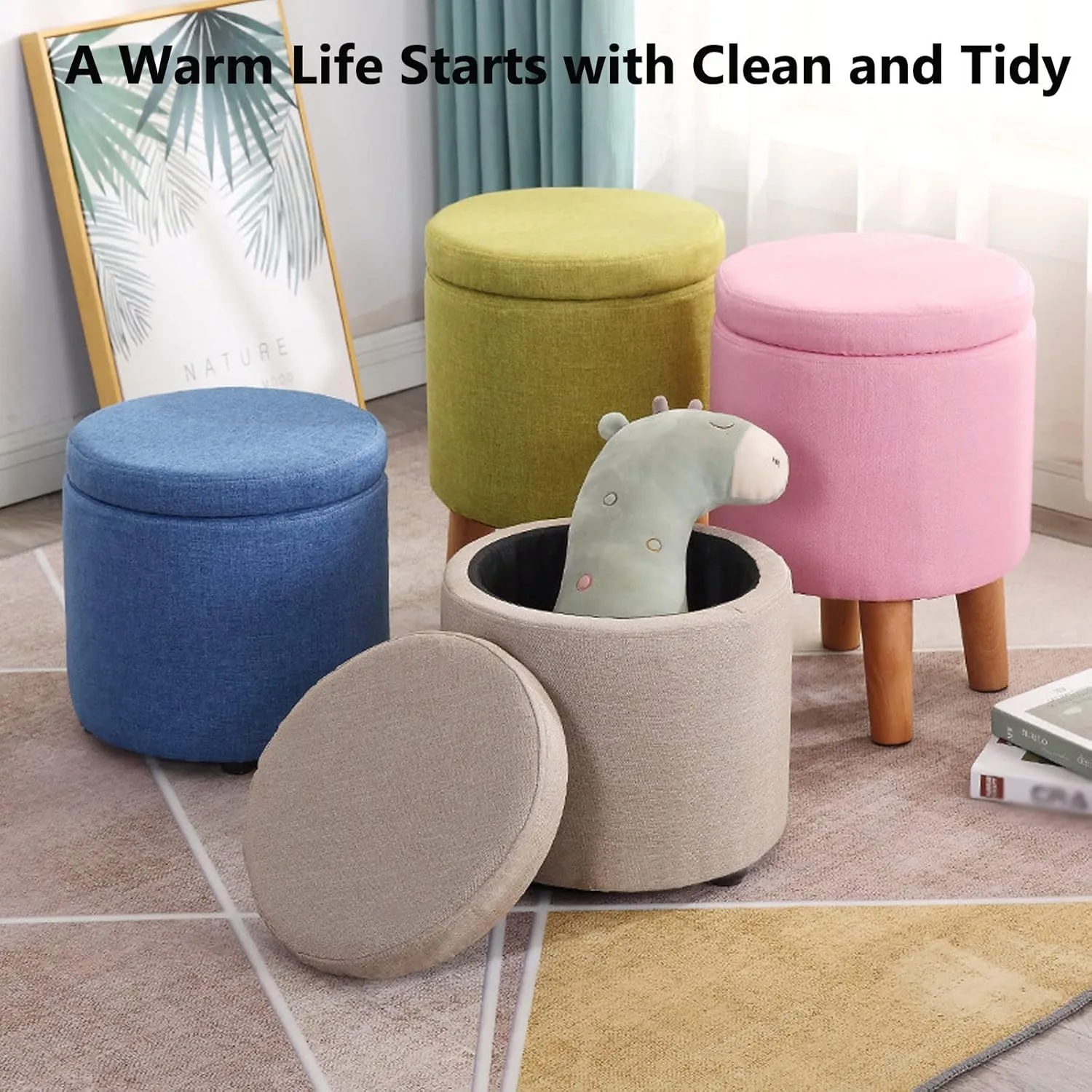 Ottomans Foot Stool Cowhide Footstool Round Foot Stools Shoe Change Stool Pouffe Footstool Ottomans for The Bedroom Ottomans for Living Room, Beige White- 32x40cm