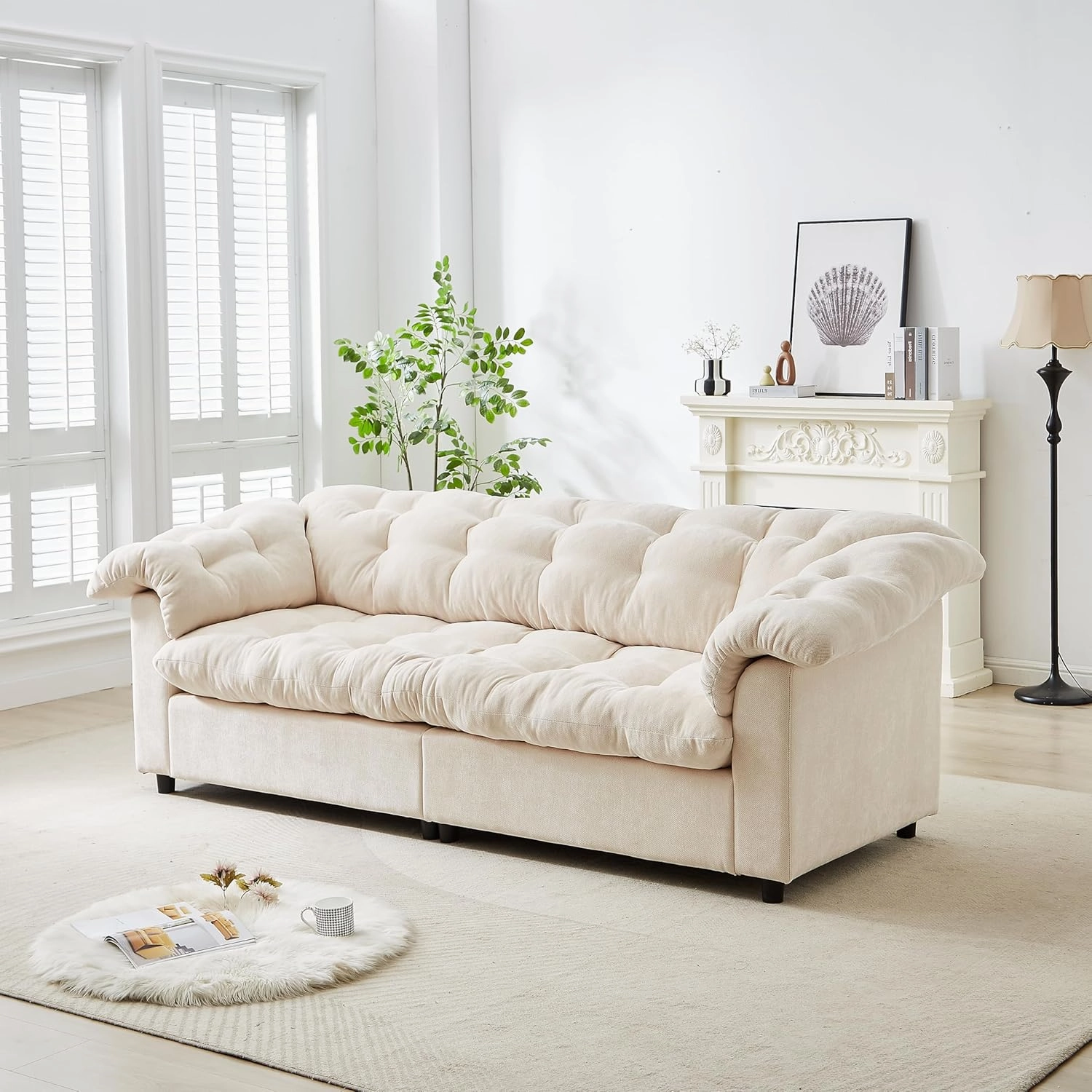 Oversized 99.2" 3-Seater Sofa, Modern Chesterfield Tufted Couch with Cloud Comfy Deep Seat & Soft Chenille Love Seat & Wide Removable Armrests for Living Room, Bedroom, Apartment(Beige Couch)