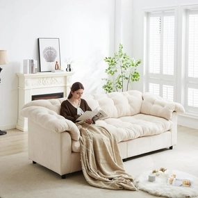 Oversized 99.2" 3-Seater Sofa, Modern Chesterfield Tufted Couch with Cloud Comfy Deep Seat & Soft Chenille Love Seat & Wide Removable Armrests for Living Room, Bedroom, Apartment(Beige Couch)
