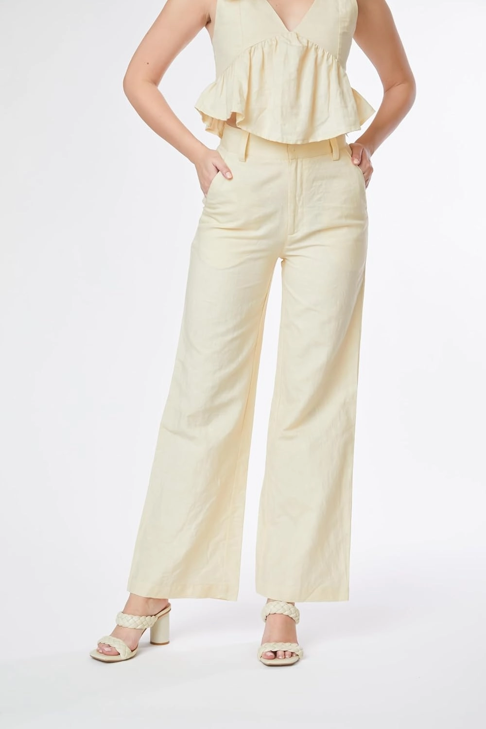 Paradigm Women's High Waisted Flare Pants, Beige, Cotton, XS-2X, Casual Pants