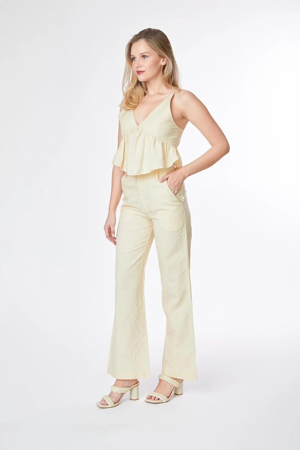 Paradigm Women's High Waisted Flare Pants, Beige, Cotton, XS-2X, Casual Pants