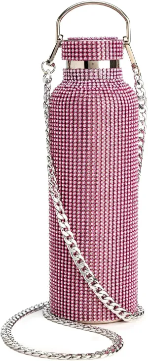 Paris Hilton Diamond Bling Water Bottle With Lid And Removable Carrying Strap, Stainless Steel Vacuum Insulated, Bedazzled With Over 5000 Rhinestones, 25-Ounce, Ombre Pink to Silver
