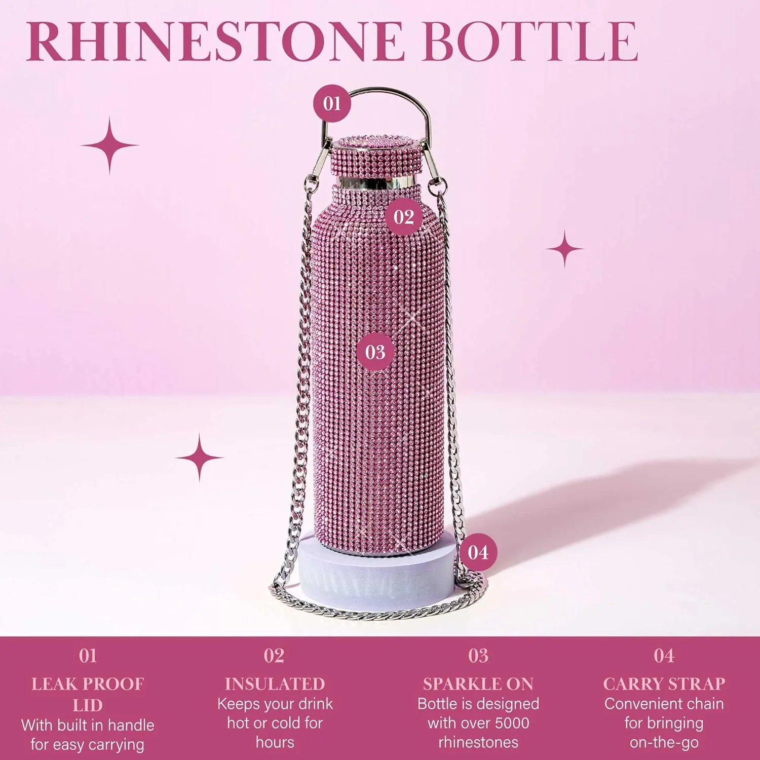 Paris Hilton Diamond Bling Water Bottle With Lid And Removable Carrying Strap, Stainless Steel Vacuum Insulated, Bedazzled With Over 5000 Rhinestones, 25-Ounce, Ombre Pink to Silver