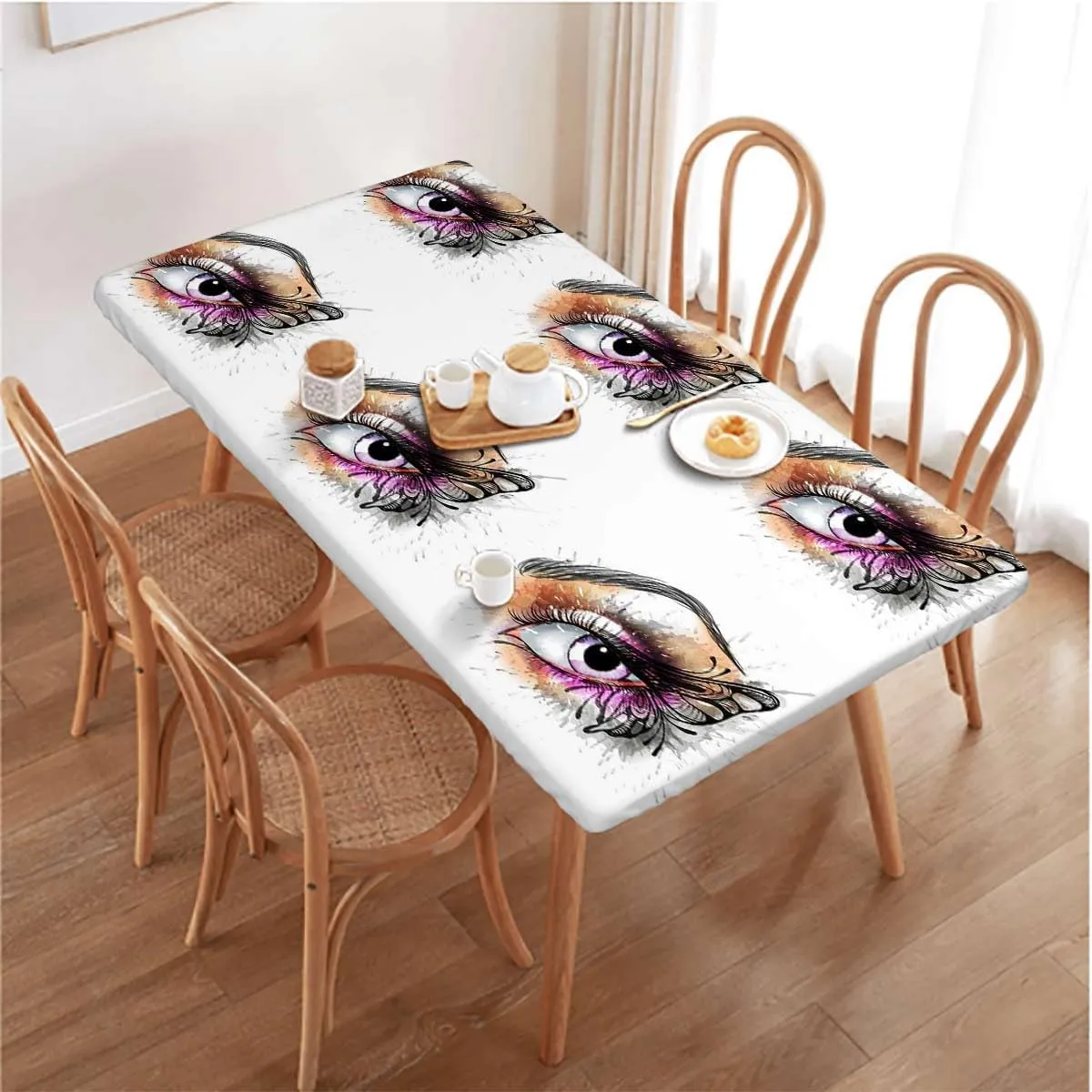 Pastel Coral Rectangle Tables Decor Fantasy Woman's Eye with Eyelash Soft-Touch Fitted Table Cloth, Waterproof Oil-Proof Table Cover Fashion Fits up 4 Foot Tables