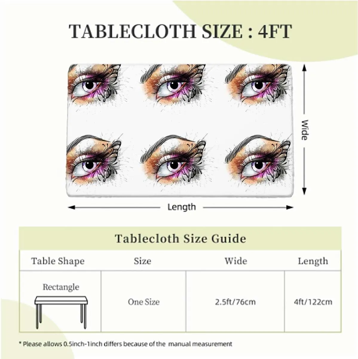 Pastel Coral Rectangle Tables Decor Fantasy Woman's Eye with Eyelash Soft-Touch Fitted Table Cloth, Waterproof Oil-Proof Table Cover Fashion Fits up 4 Foot Tables