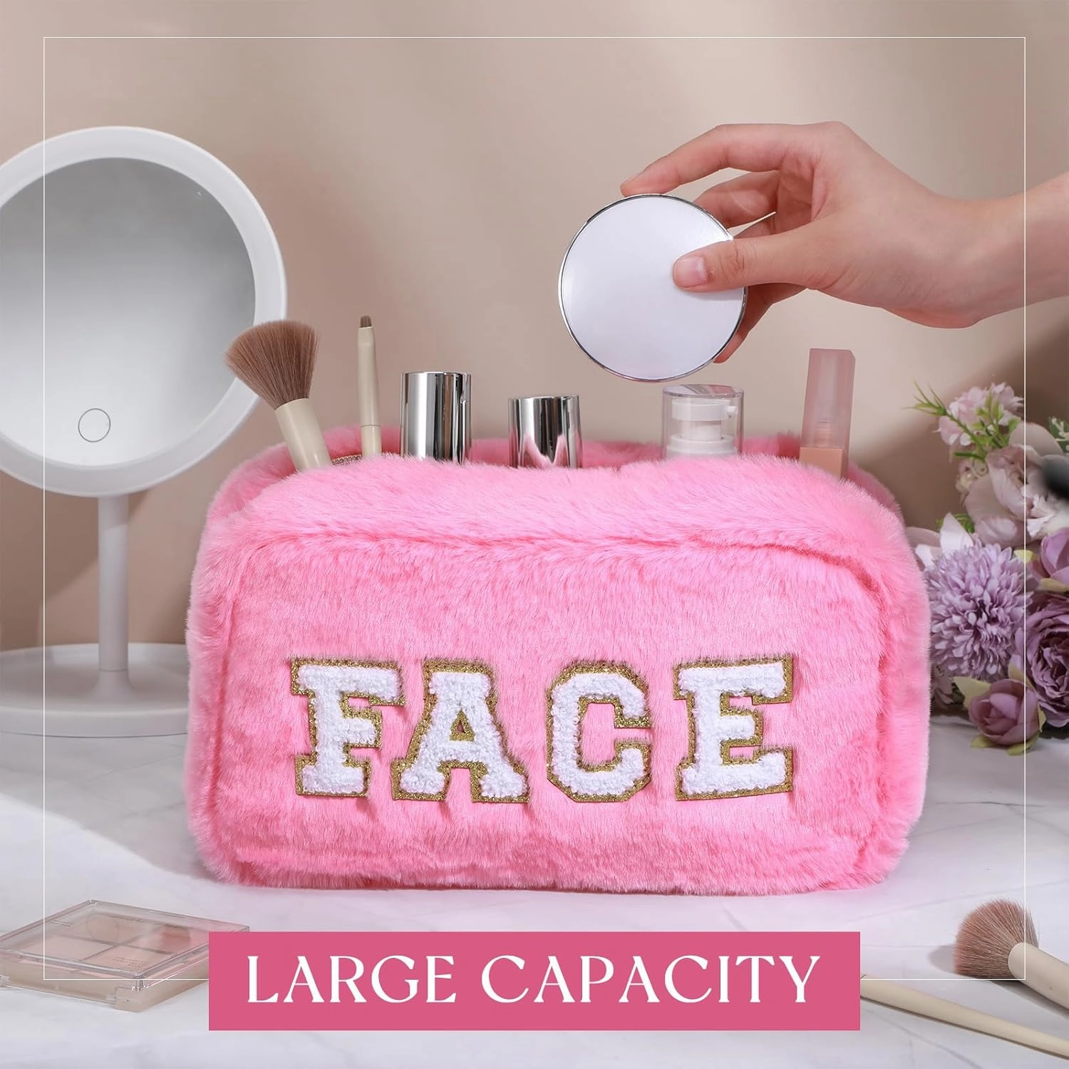 Paterr 4 Pieces Chenille Letter Preppy Patches Makeup Bag Plush Fuzzy Cosmetic Hair Face Skin Toiletry Travel Bag Pouch with Zipper Preppy Stuff for Girls Women(Pink)