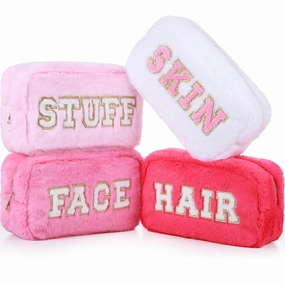 Paterr 4 Pieces Chenille Letter Preppy Patches Makeup Bag Plush Fuzzy Cosmetic Hair Face Skin Toiletry Travel Bag Pouch with Zipper Preppy Stuff for Girls Women(Pink)