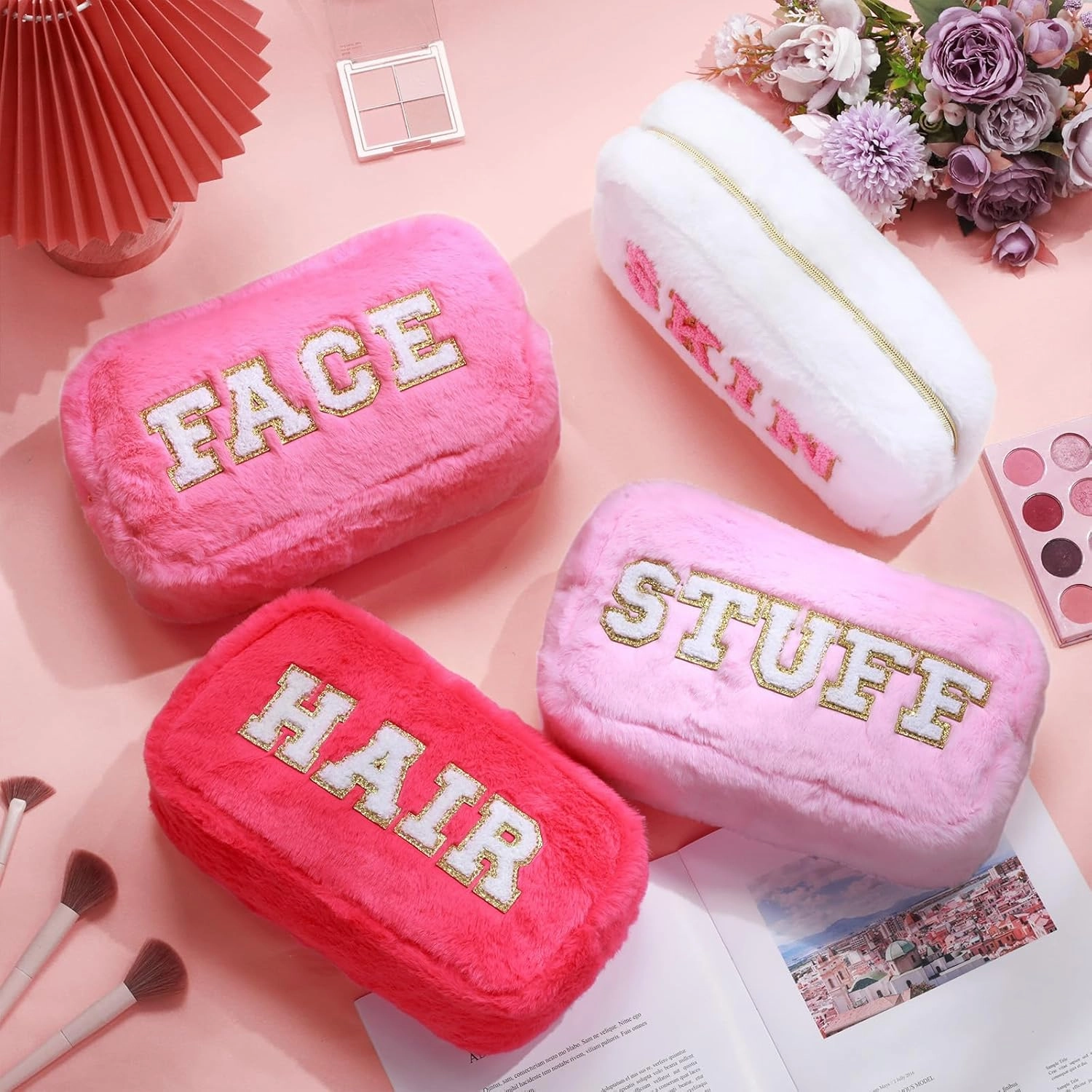 Paterr 4 Pieces Chenille Letter Preppy Patches Makeup Bag Plush Fuzzy Cosmetic Hair Face Skin Toiletry Travel Bag Pouch with Zipper Preppy Stuff for Girls Women(Pink)