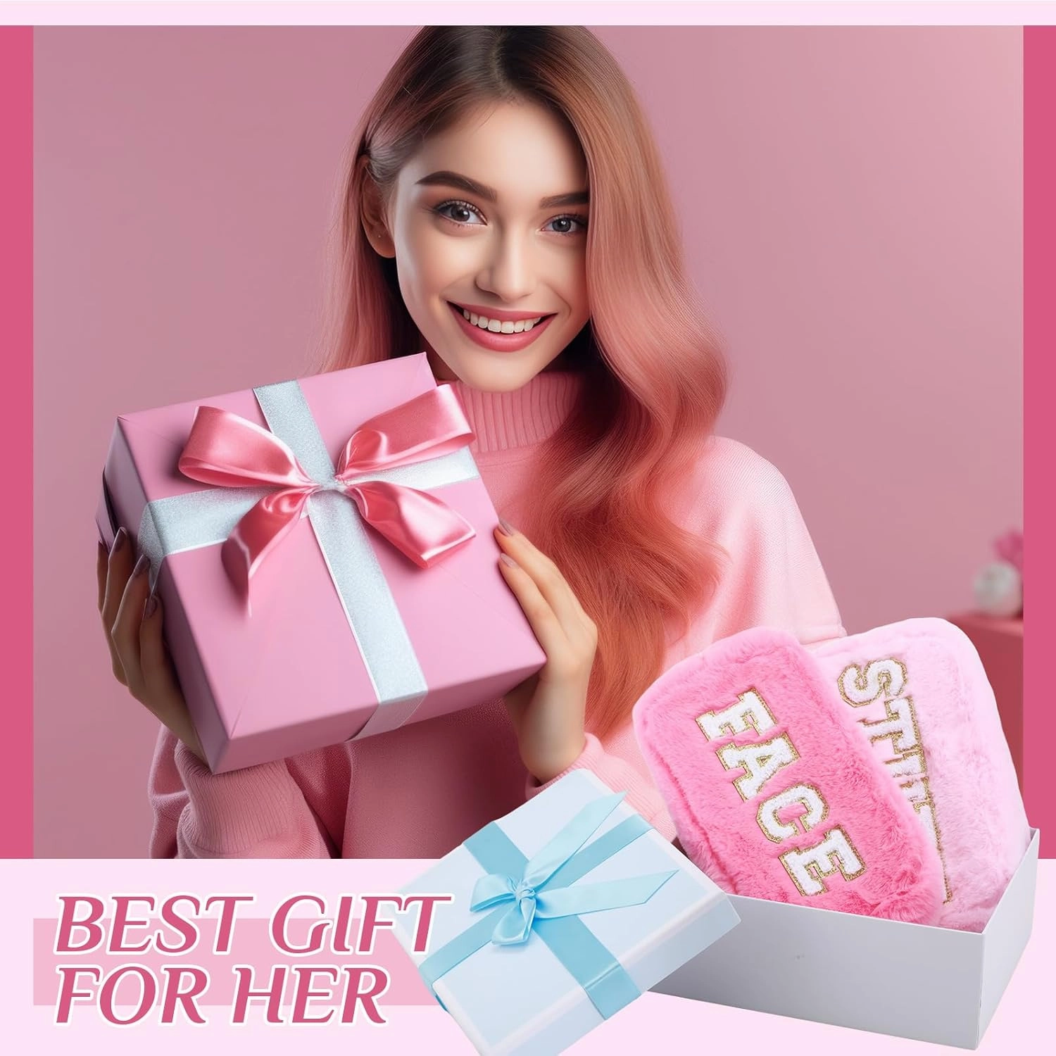 Paterr 4 Pieces Chenille Letter Preppy Patches Makeup Bag Plush Fuzzy Cosmetic Hair Face Skin Toiletry Travel Bag Pouch with Zipper Preppy Stuff for Girls Women(Pink)