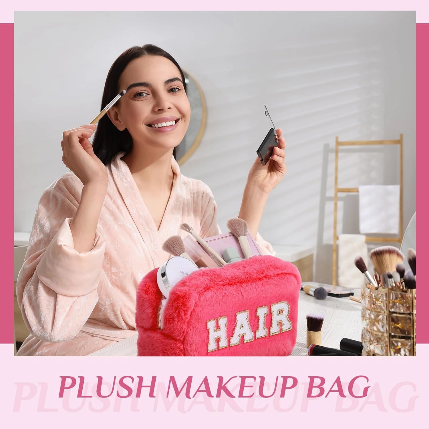 Paterr 4 Pieces Chenille Letter Preppy Patches Makeup Bag Plush Fuzzy Cosmetic Hair Face Skin Toiletry Travel Bag Pouch with Zipper Preppy Stuff for Girls Women(Pink)