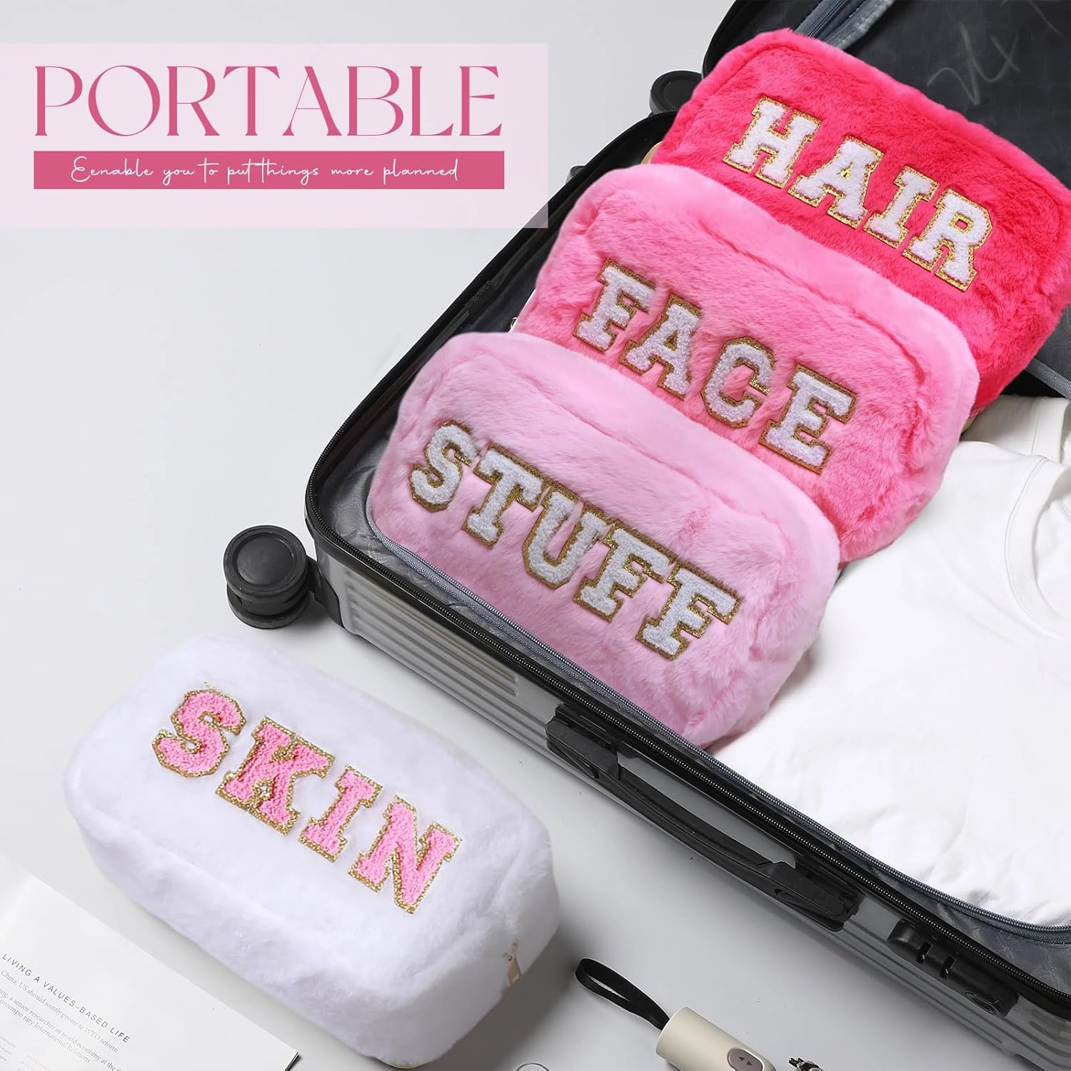 Paterr 4 Pieces Chenille Letter Preppy Patches Makeup Bag Plush Fuzzy Cosmetic Hair Face Skin Toiletry Travel Bag Pouch with Zipper Preppy Stuff for Girls Women(Pink)