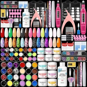 PEACECOLOR 54Pcs Acrylic Nail Kit with Drill for Beginners 6 Colors Acrylic Powder 24Pcs Glitter Decoration Powder Professional Nail Set with Everything Nail Rhinestones Nail Tips Home Salon