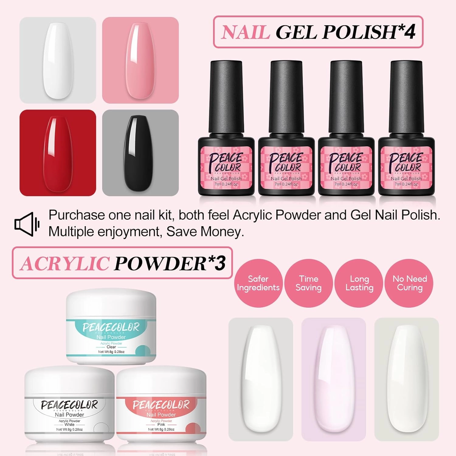 Peacecolor Complete Acrylic Nail Kit with Drill U V Lamp, 3PC Acrylic Powder 4PC Gel Polish 18PC Glitter Powders Pink White Nude Clear, Beginner Set for DIY Home Salons