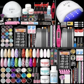 Peacecolor Complete Acrylic Nail Kit with Drill U V Lamp, 3PC Acrylic Powder 4PC Gel Polish 18PC Glitter Powders Pink White Nude Clear, Beginner Set for DIY Home Salons