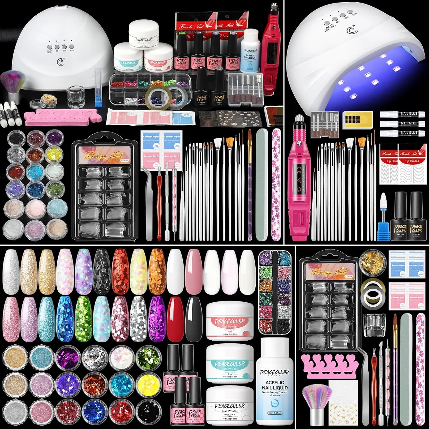 Peacecolor Complete Acrylic Nail Kit with Drill U V Lamp, 3PC Acrylic Powder 4PC Gel Polish 18PC Glitter Powders Pink White Nude Clear, Beginner Set for DIY Home Salons