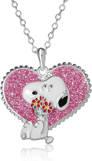 Peanuts Snoopy Necklace for Women Official License, 16 2 Silver Flash-Plated Heart Necklace with Pink Glitter and Crystal