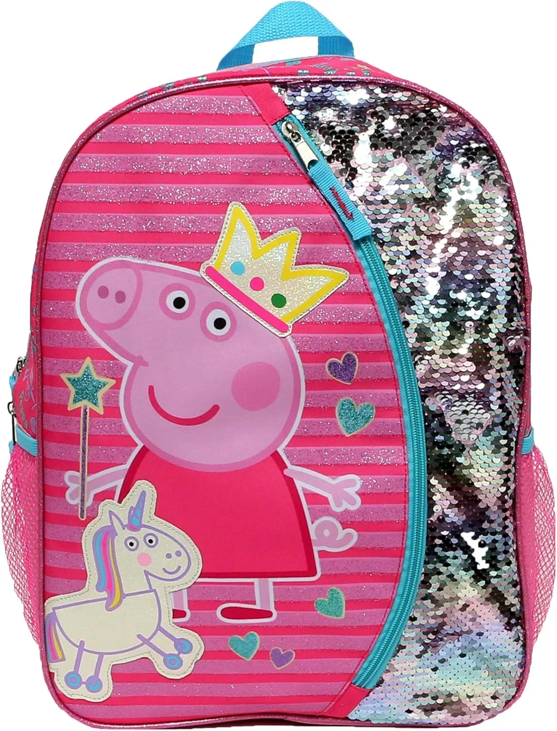 Peppa Pig Backpack for Girls for Kindergarten & Elementary School, 16 Inch, Flip Sequins & Glitter Bookbag with Padded Back & Adjustable Shoulder Straps, Lightweight Travel Bag for Kids