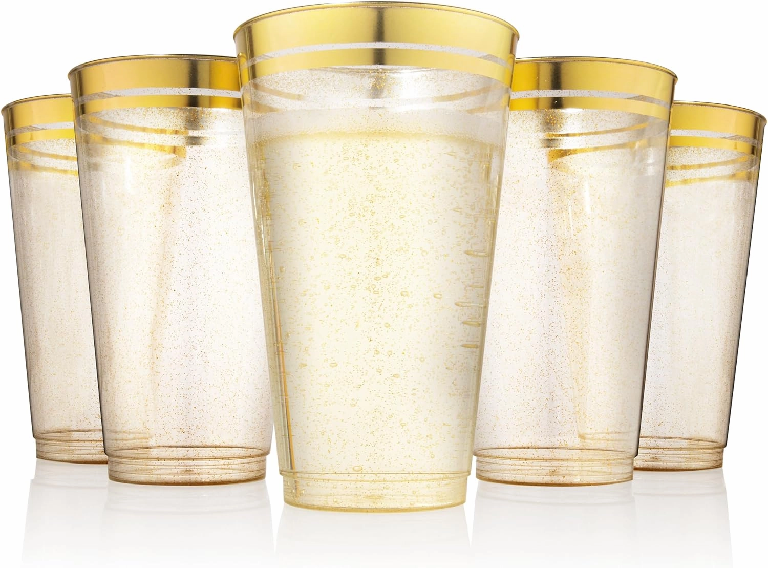 Perfect Settings 100 Premium 16oz Hard Plastic Cups Clear Glitter Gold Rimmed Cups Fancy Disposable Wedding Cups Elegant Party Cups with Twin Gold Rim (Glitter Gold Rim, 16oz)