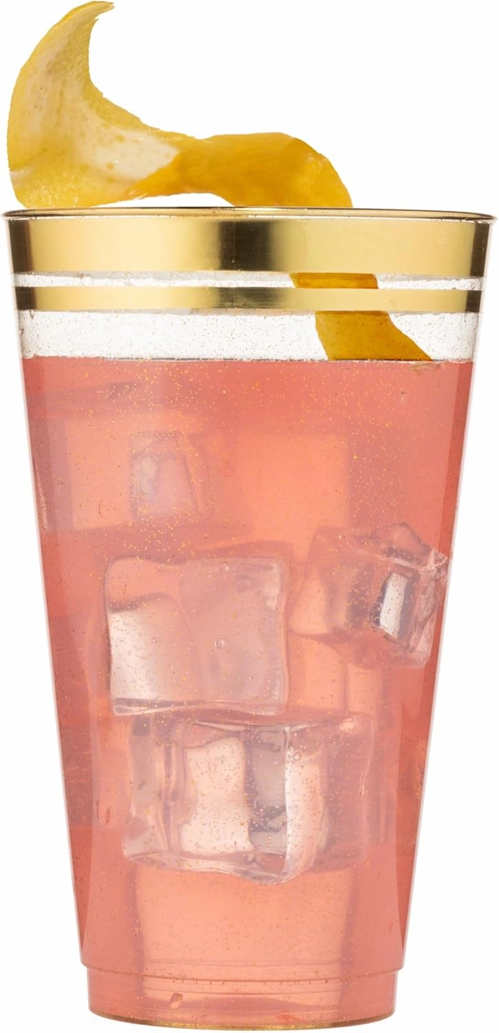 Perfect Settings 100 Premium 16oz Hard Plastic Cups Clear Glitter Gold Rimmed Cups Fancy Disposable Wedding Cups Elegant Party Cups with Twin Gold Rim (Glitter Gold Rim, 16oz)