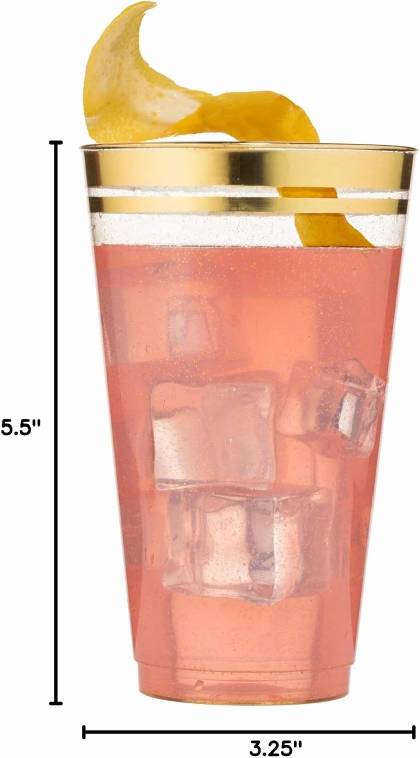 Perfect Settings 100 Premium 16oz Hard Plastic Cups Clear Glitter Gold Rimmed Cups Fancy Disposable Wedding Cups Elegant Party Cups with Twin Gold Rim (Glitter Gold Rim, 16oz)