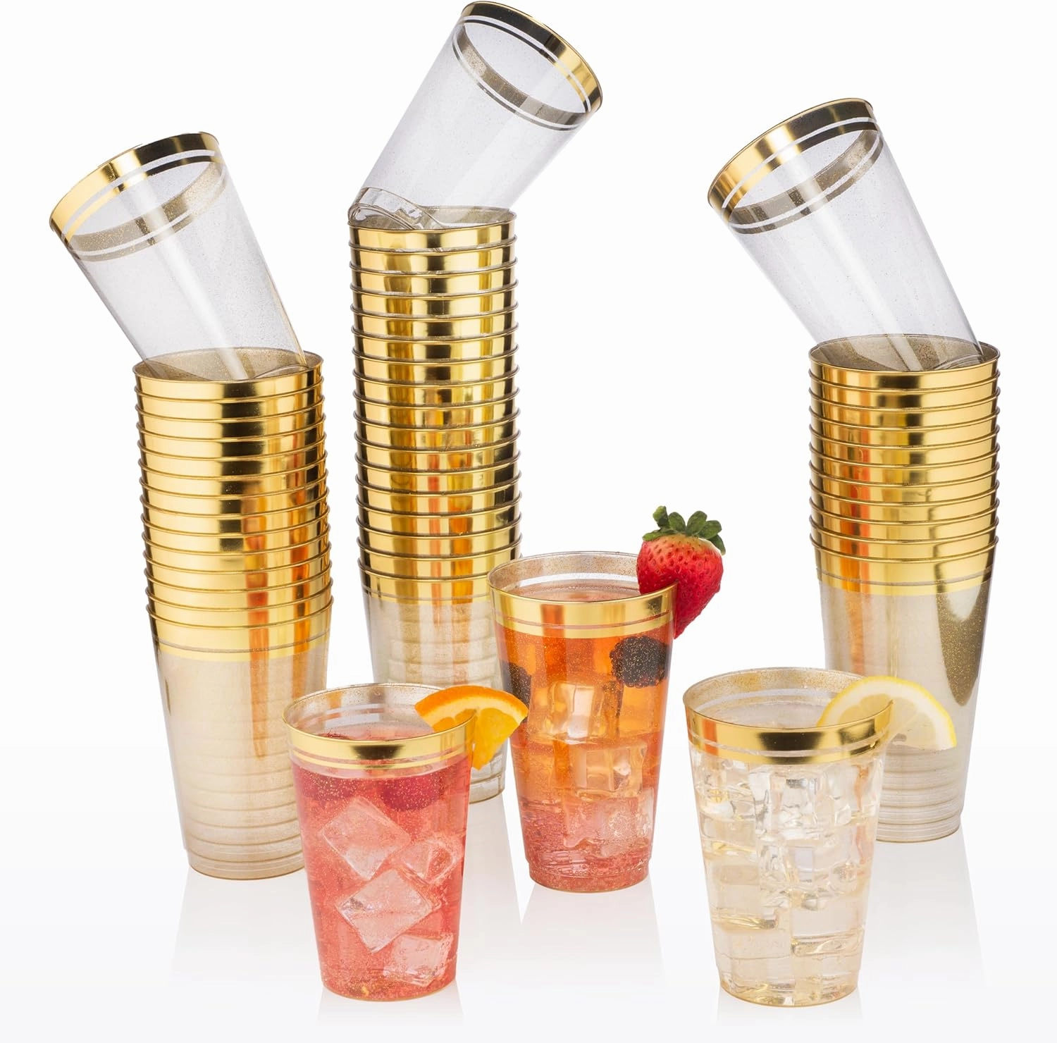 Perfect Settings 100 Premium 16oz Hard Plastic Cups Clear Glitter Gold Rimmed Cups Fancy Disposable Wedding Cups Elegant Party Cups with Twin Gold Rim (Glitter Gold Rim, 16oz)