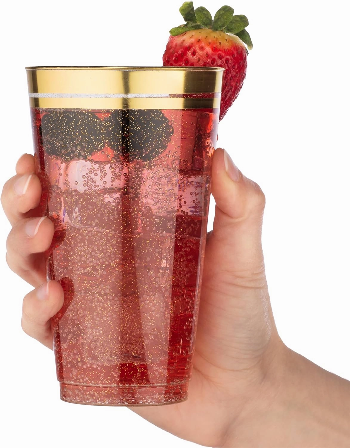Perfect Settings 100 Premium 16oz Hard Plastic Cups Clear Glitter Gold Rimmed Cups Fancy Disposable Wedding Cups Elegant Party Cups with Twin Gold Rim (Glitter Gold Rim, 16oz)