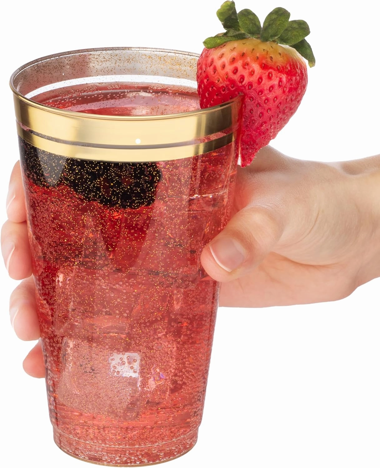 Perfect Settings 100 Premium 16oz Hard Plastic Cups Clear Glitter Gold Rimmed Cups Fancy Disposable Wedding Cups Elegant Party Cups with Twin Gold Rim (Glitter Gold Rim, 16oz)