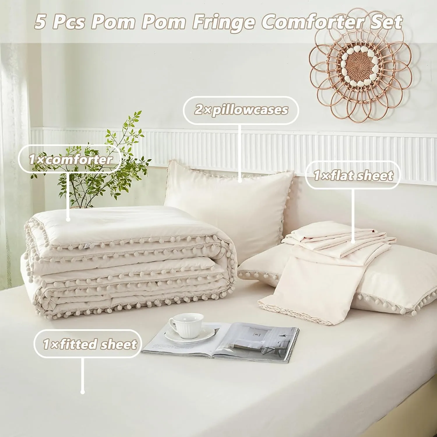 PERFEMET Queen Bed in A Bag Beige 5 Pieces Pom Pom Solid Bedding Set with Sheets Aesthetic Boho Cream Bedspread Comforter Set Soft Lightweight Fluffy Bed Set for All Season(Beige Cream, Queen)