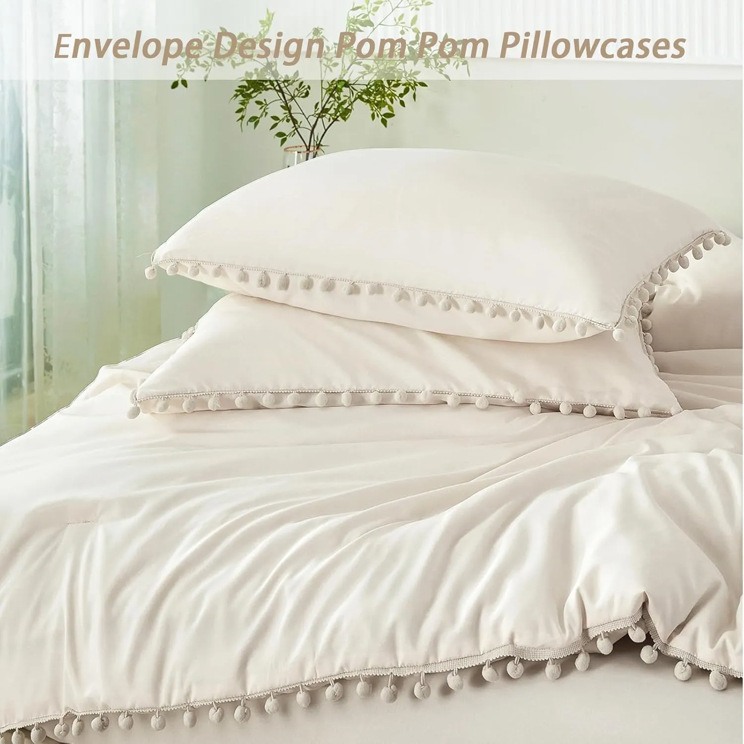 PERFEMET Queen Bed in A Bag Beige 5 Pieces Pom Pom Solid Bedding Set with Sheets Aesthetic Boho Cream Bedspread Comforter Set Soft Lightweight Fluffy Bed Set for All Season(Beige Cream, Queen)