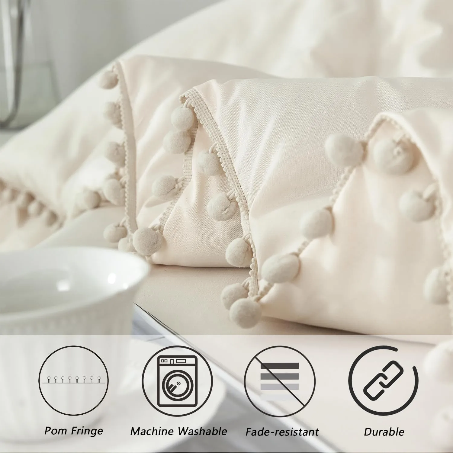 PERFEMET Queen Bed in A Bag Beige 5 Pieces Pom Pom Solid Bedding Set with Sheets Aesthetic Boho Cream Bedspread Comforter Set Soft Lightweight Fluffy Bed Set for All Season(Beige Cream, Queen)