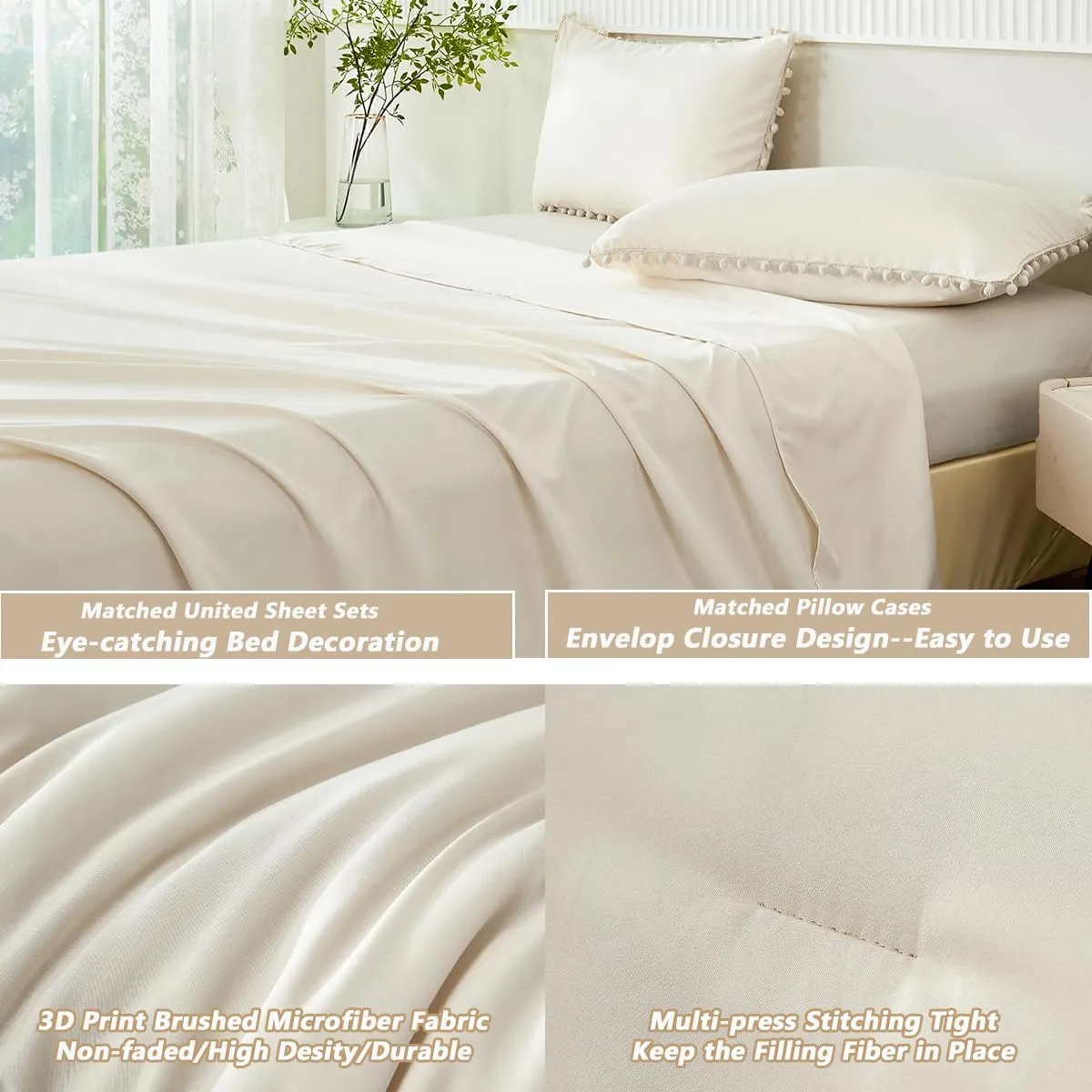PERFEMET Queen Bed in A Bag Beige 5 Pieces Pom Pom Solid Bedding Set with Sheets Aesthetic Boho Cream Bedspread Comforter Set Soft Lightweight Fluffy Bed Set for All Season(Beige Cream, Queen)