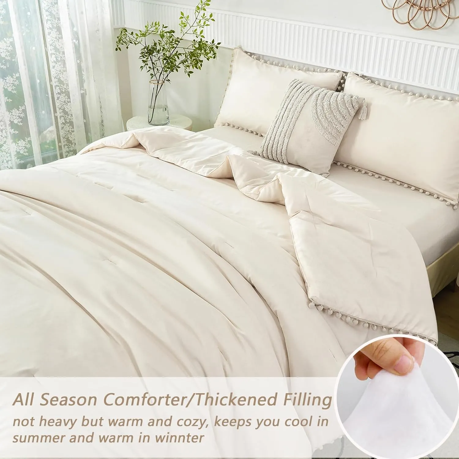 PERFEMET Queen Bed in A Bag Beige 5 Pieces Pom Pom Solid Bedding Set with Sheets Aesthetic Boho Cream Bedspread Comforter Set Soft Lightweight Fluffy Bed Set for All Season(Beige Cream, Queen)