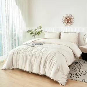 PERFEMET Queen Bed in A Bag Beige 5 Pieces Pom Pom Solid Bedding Set with Sheets Aesthetic Boho Cream Bedspread Comforter Set Soft Lightweight Fluffy Bed Set for All Season(Beige Cream, Queen)