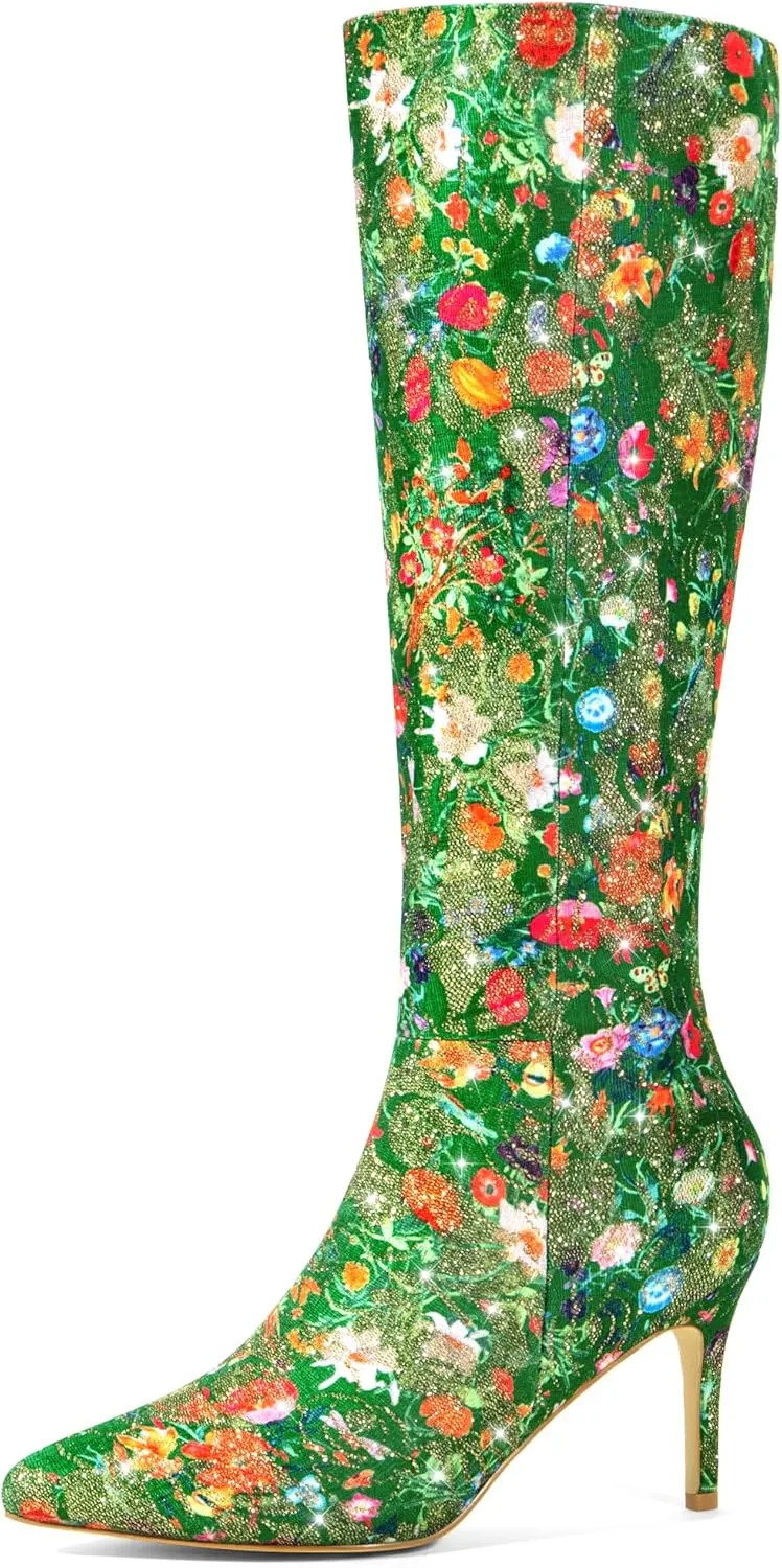 Perphy Floral Knee High Boot Stiletto Heel Floral Boots for Women